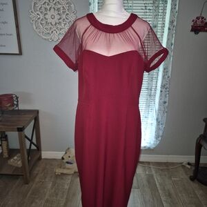 SLNY Red Sheath Midi Dress with Cuffed Short Sleeves